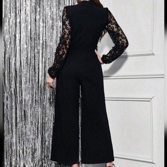 Contrast Lace Lantern Sleeve Belted Wide Leg Jumpsuit - Picture 3 of 4